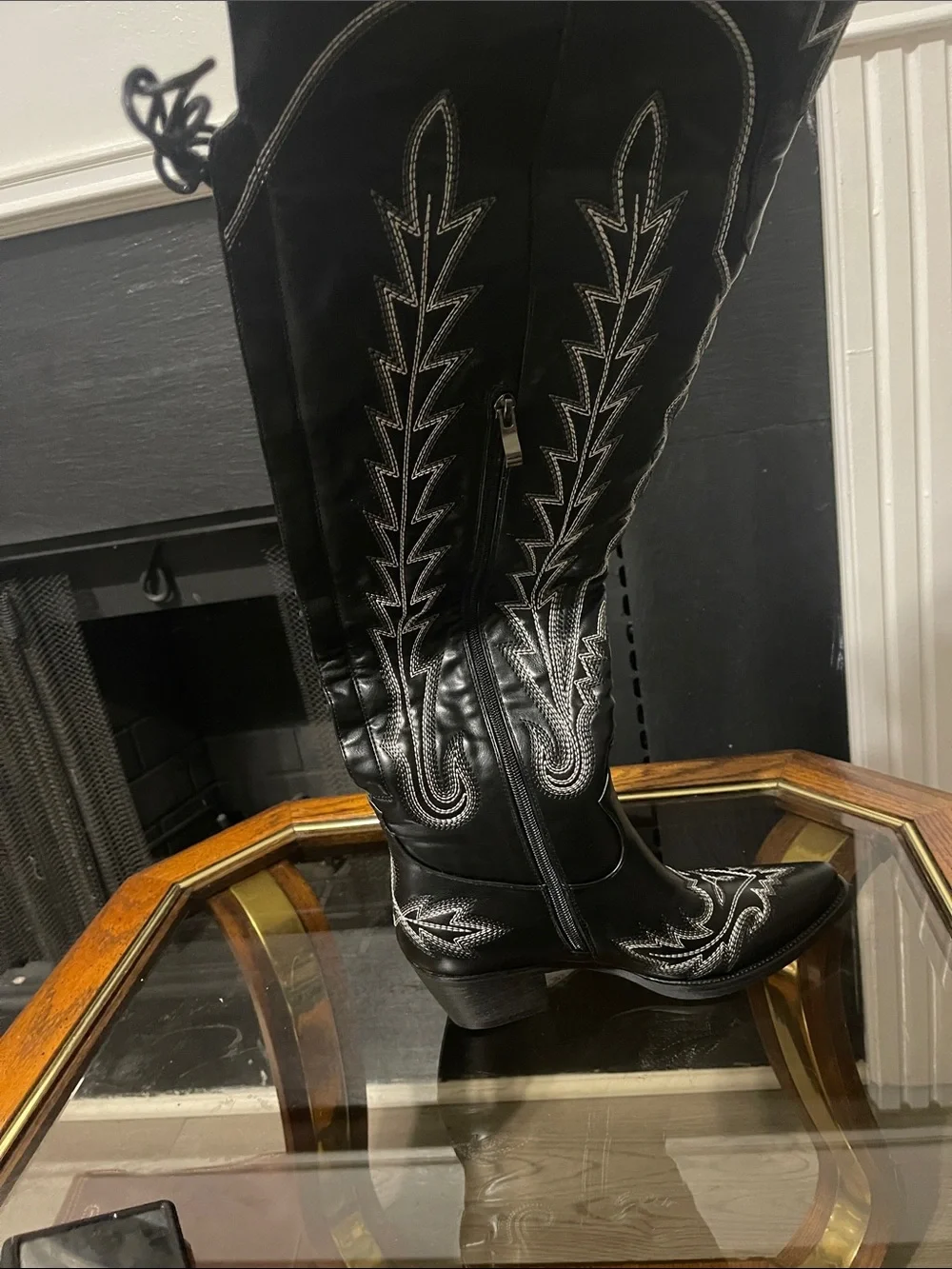Black Western Embroidered Knee-High Boots